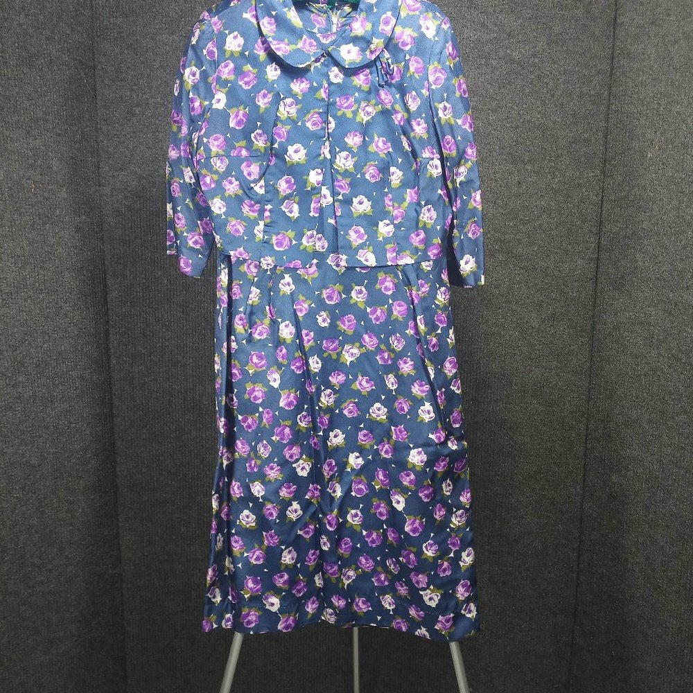 1950's Vintage Navy & Purple Floral Acetate Wiggle Dress, Jacket, & Belt